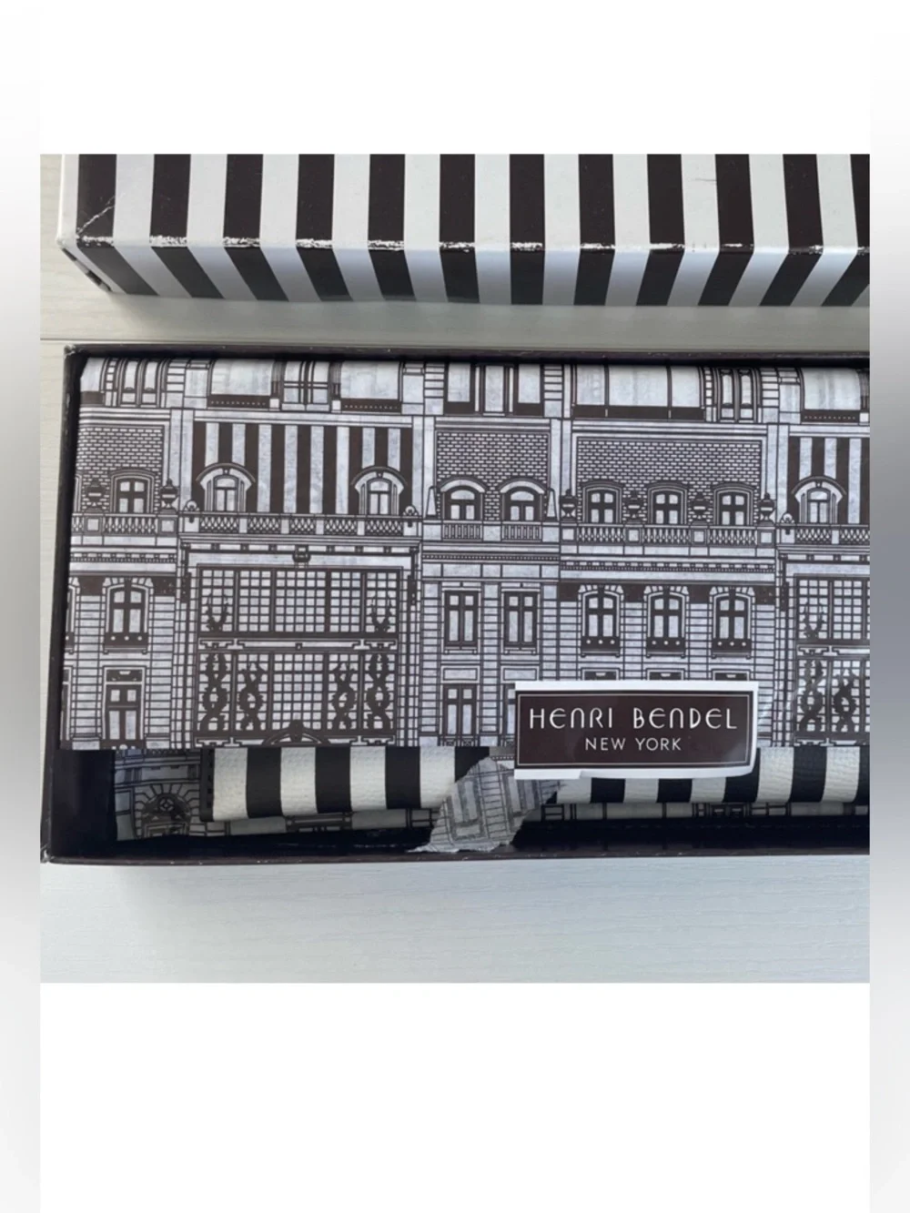 Henri Bendel Brown and White Centennial Stripe Clutch